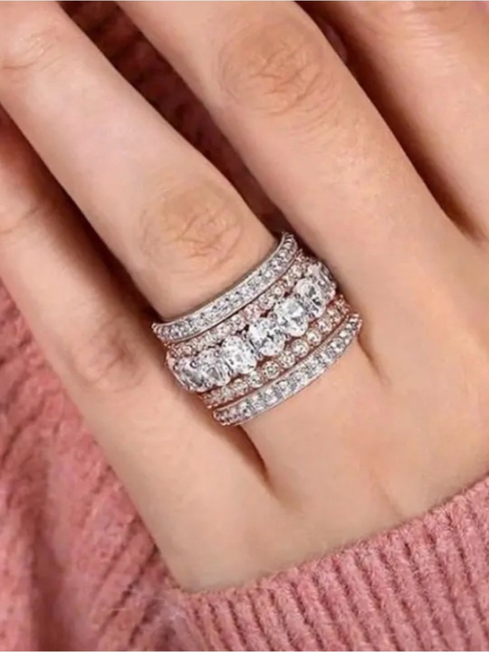 Luxurious Silver and Rose Gold Wide Band Gemstone Ring size 8